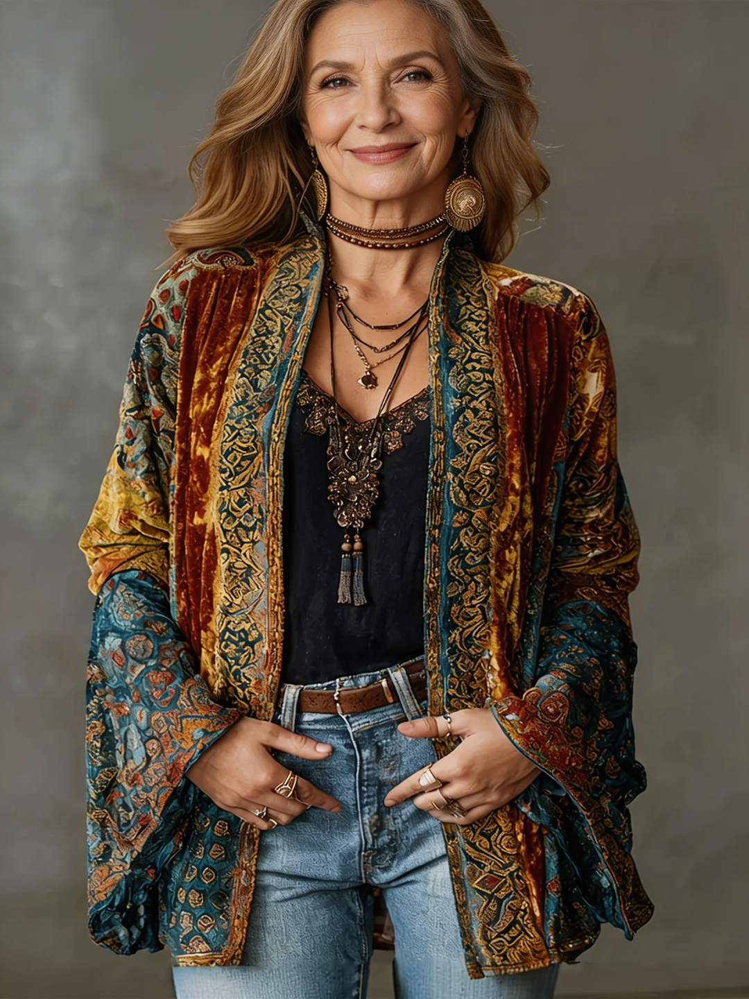 Cardigan da donna bohémien chic con stampa orientale