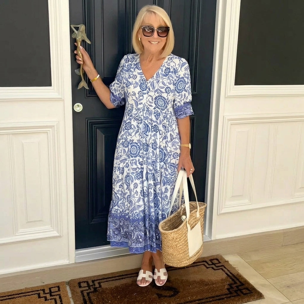 Abito midi da donna con scollo a V e motivo floreale