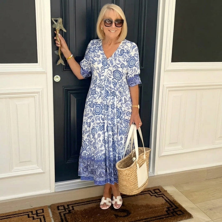 Abito midi da donna con scollo a V e motivo floreale