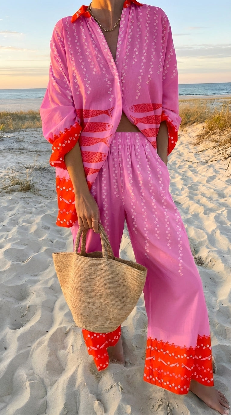 Ensemble Femme Bohème 2 Pièces Rose à Motifs