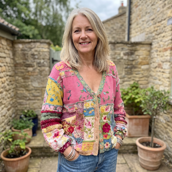 Cardigan patchwork floreale bohémien da donna