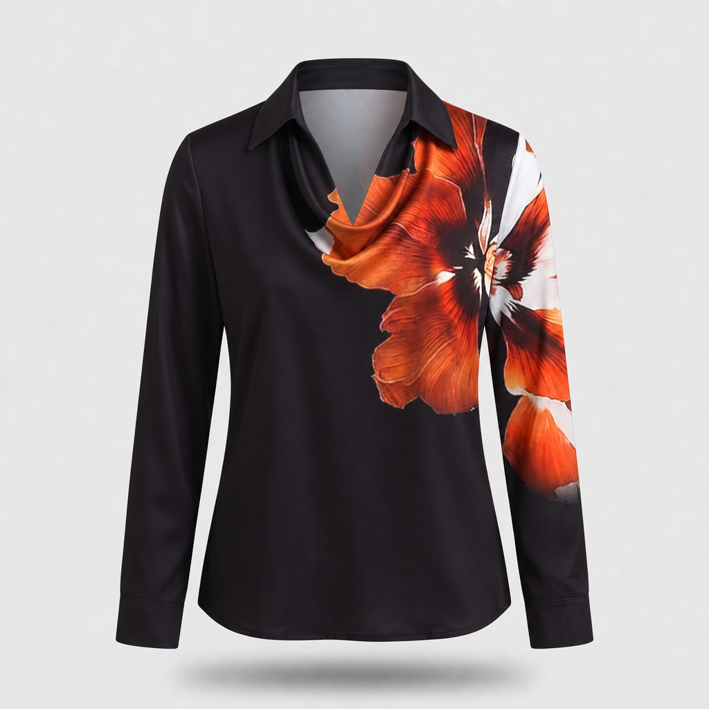 Women's Floral Print Satin-Effect Blouse with Cowl Neckline