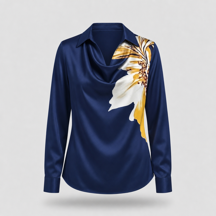 Women's Floral Print Satin-Effect Blouse with Cowl Neckline