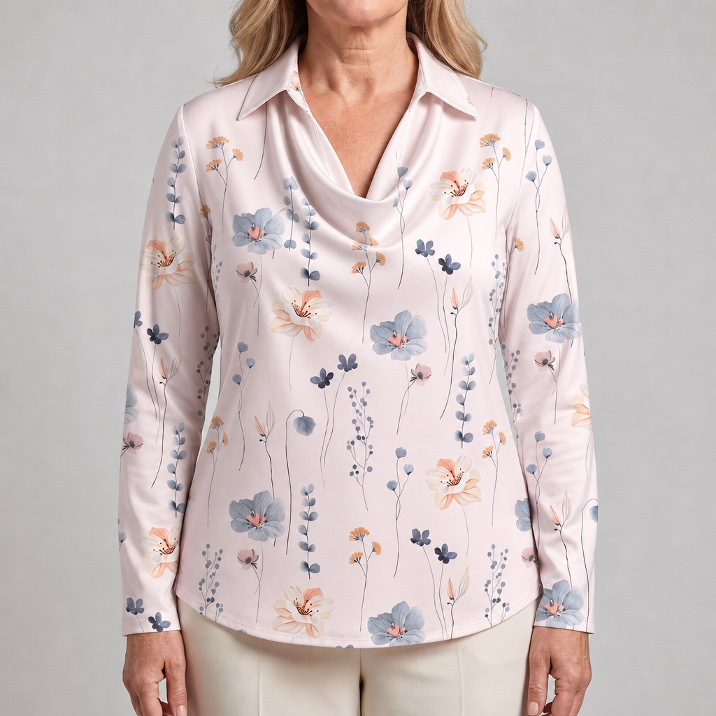 Women's Floral Print Satin-Effect Blouse with Cowl Neckline