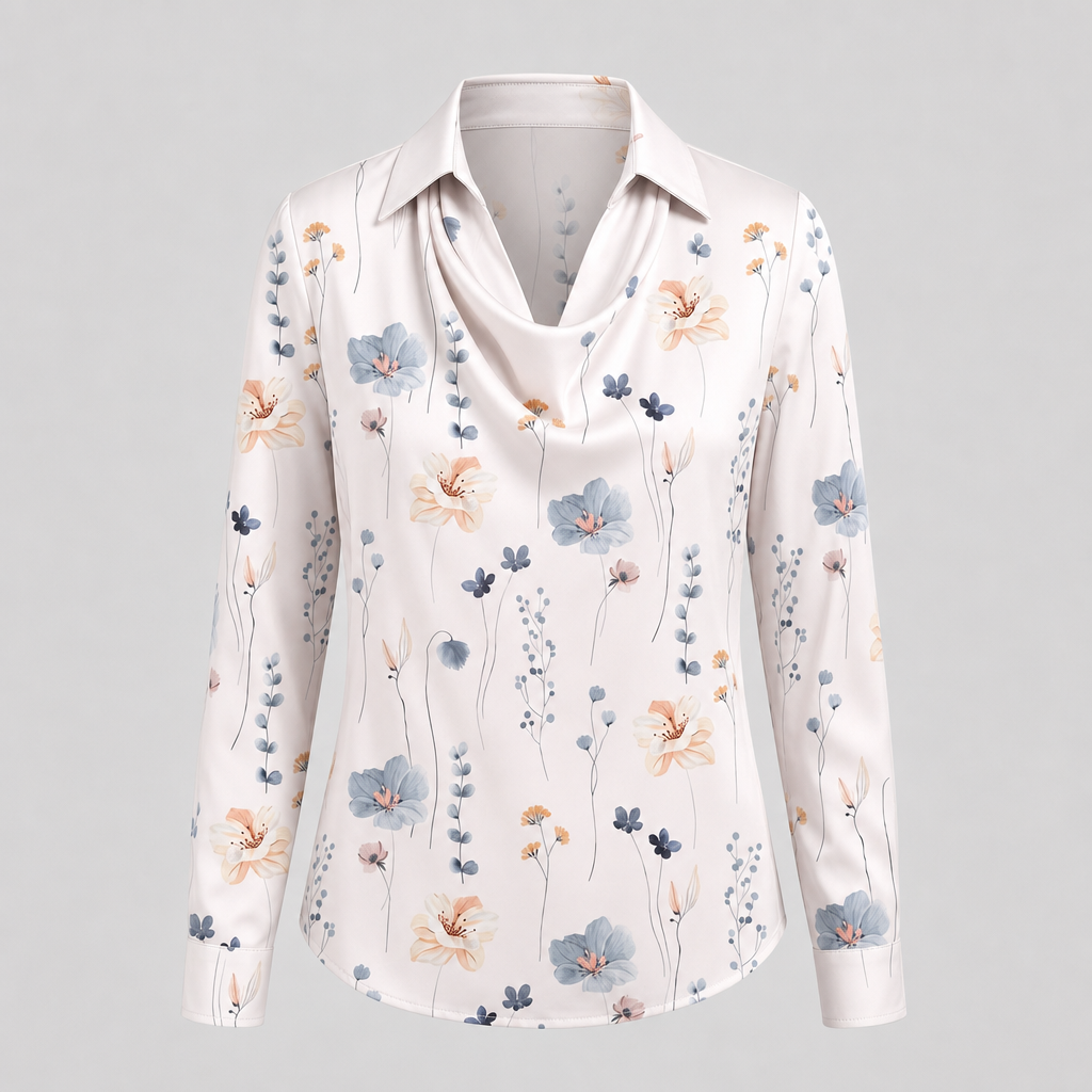 Women's Floral Print Satin-Effect Blouse with Cowl Neckline