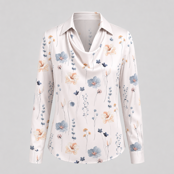 Women's Floral Print Satin-Effect Blouse with Cowl Neckline
