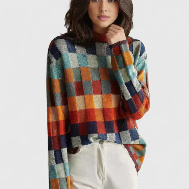 Pullover da donna in maglia con motivo a quadri multicolore