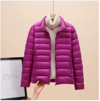 Lightweight Women's Down Jacket with Hood and Zipper Closure