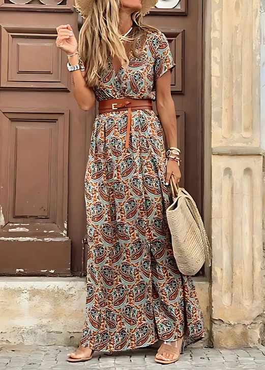 Abito lungo da donna floreale con spacco laterale e scollo a V
