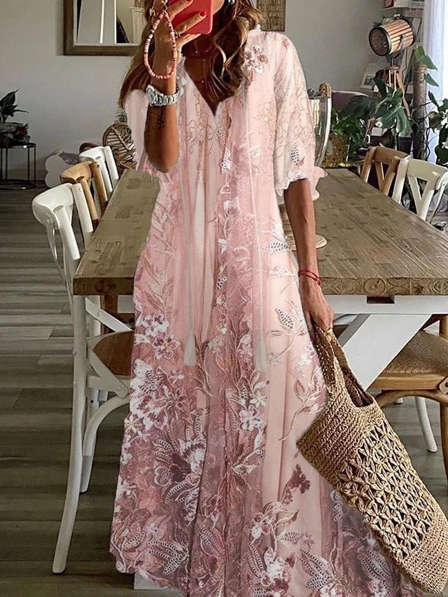 Abito lungo da donna in pizzo floreale bohémien e romantico