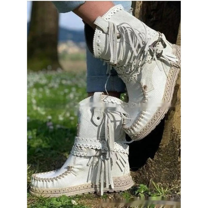 Stivali western bohémien in camoscio con frange da donna