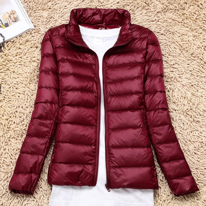 Lightweight Women's Down Jacket with Hood and Zipper Closure