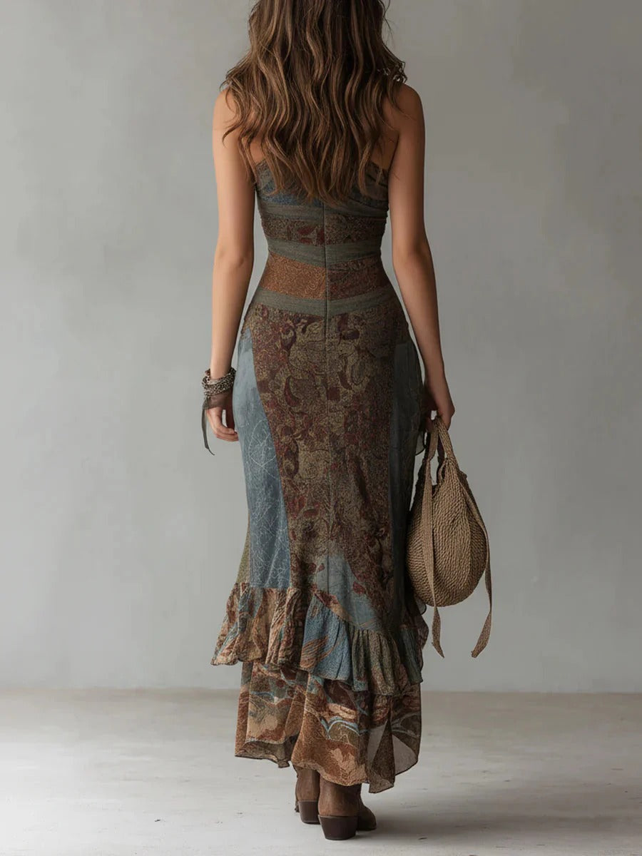 Robe longue asymétrique imprimé ethnique femme