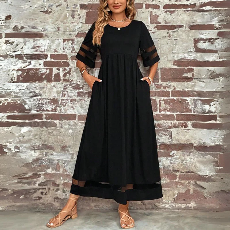 Robe Longue Pour Femme à Manches 3/4 et Détails de Finitions Transparentes