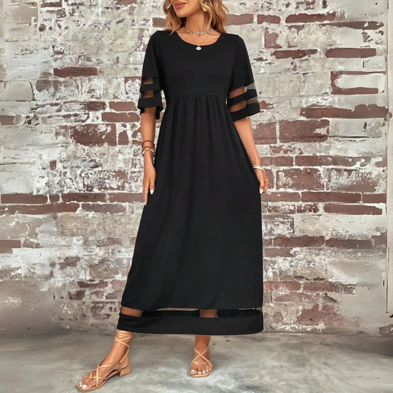 Robe Longue Pour Femme à Manches 3/4 et Détails de Finitions Transparentes