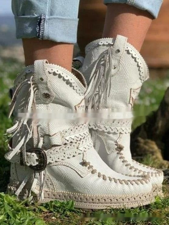 Stivali western bohémien in camoscio con frange da donna