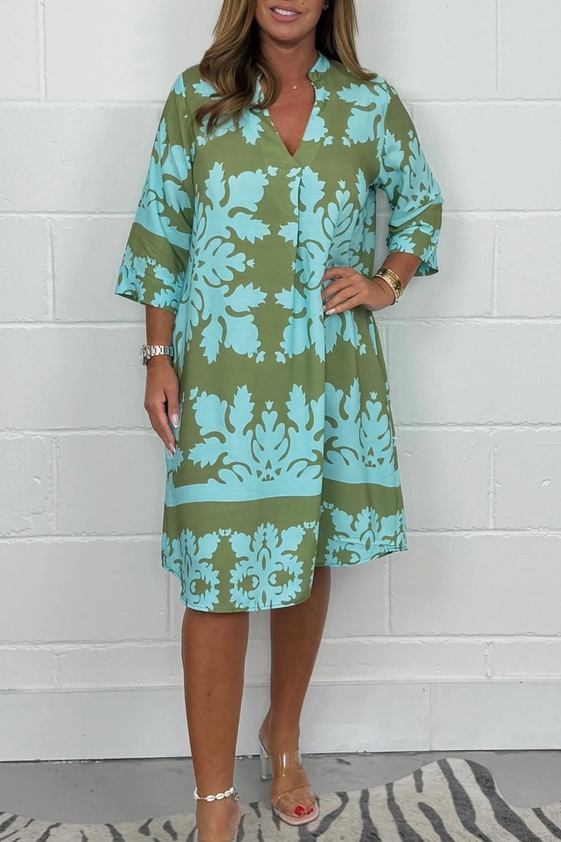 Robe Femme Imprimée Col V à Manches 3/4