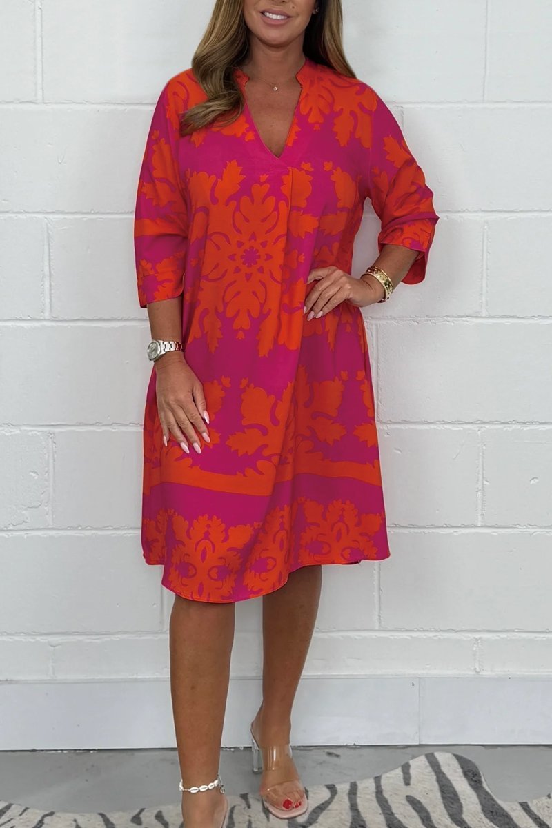 Robe Femme Imprimée Col V à Manches 3/4