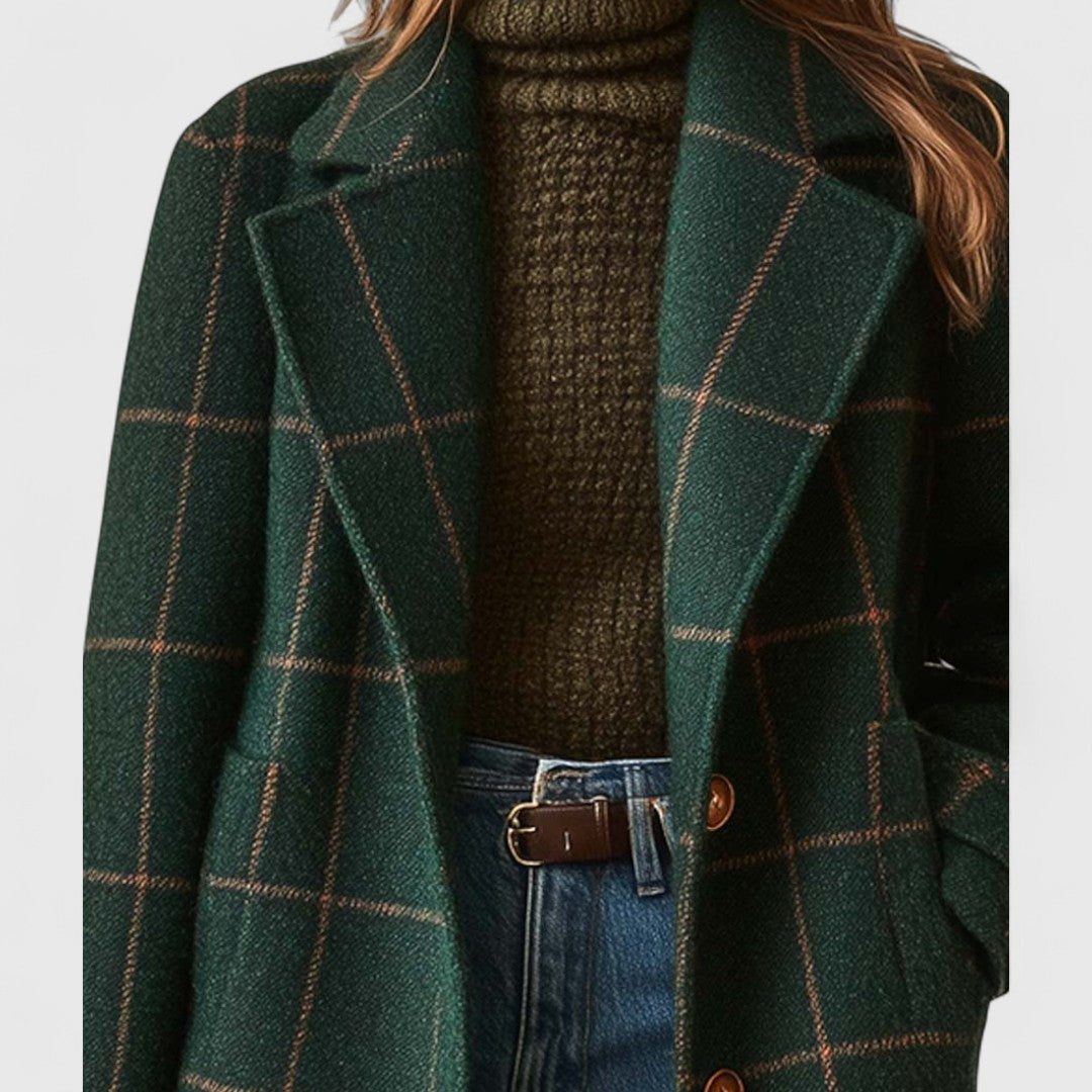 Manteau Long à Tweed Carreaux Élégant Pour Femme