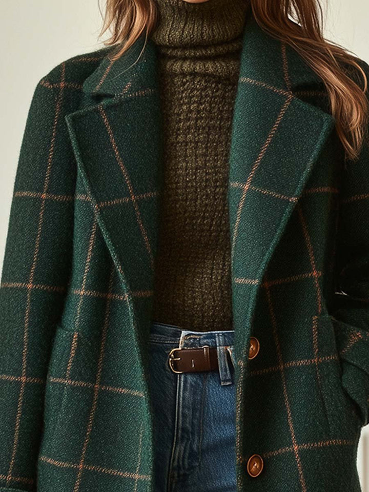 Cappotto lungo elegante da donna a quadri con abbottonatura semplice