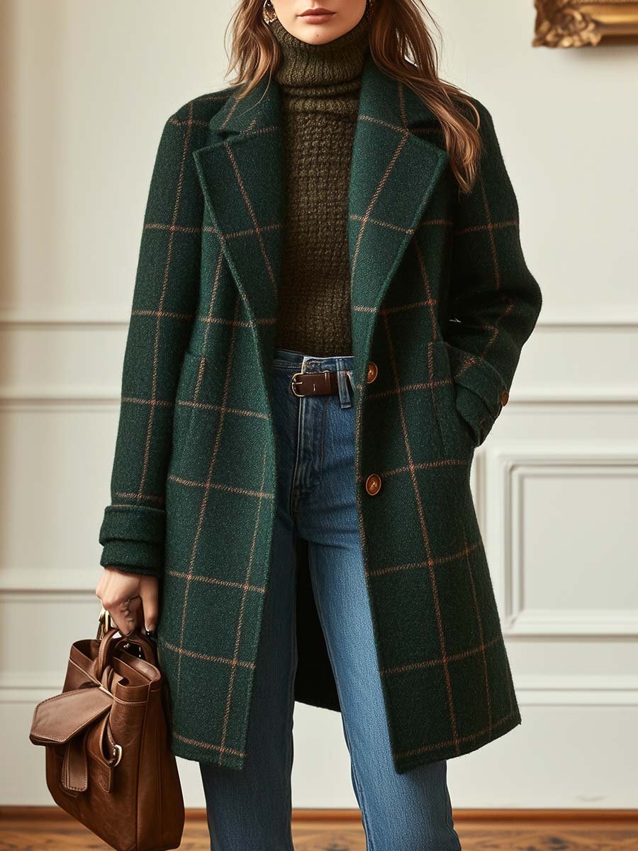 Cappotto lungo elegante da donna a quadri con abbottonatura semplice