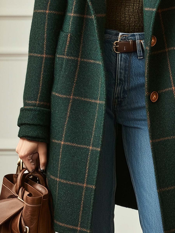 Cappotto lungo elegante da donna a quadri con abbottonatura semplice