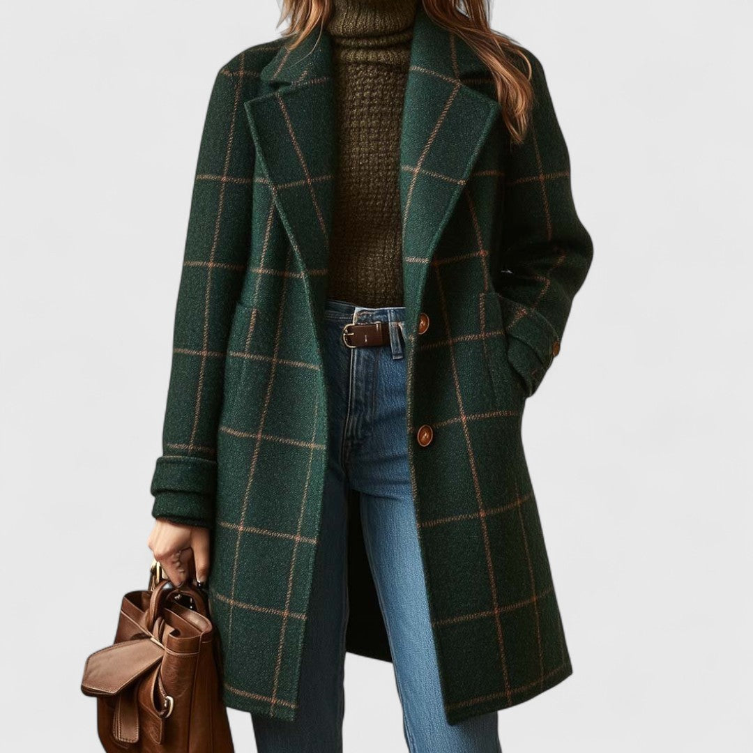 Manteau Long à Tweed Carreaux Élégant Pour Femme