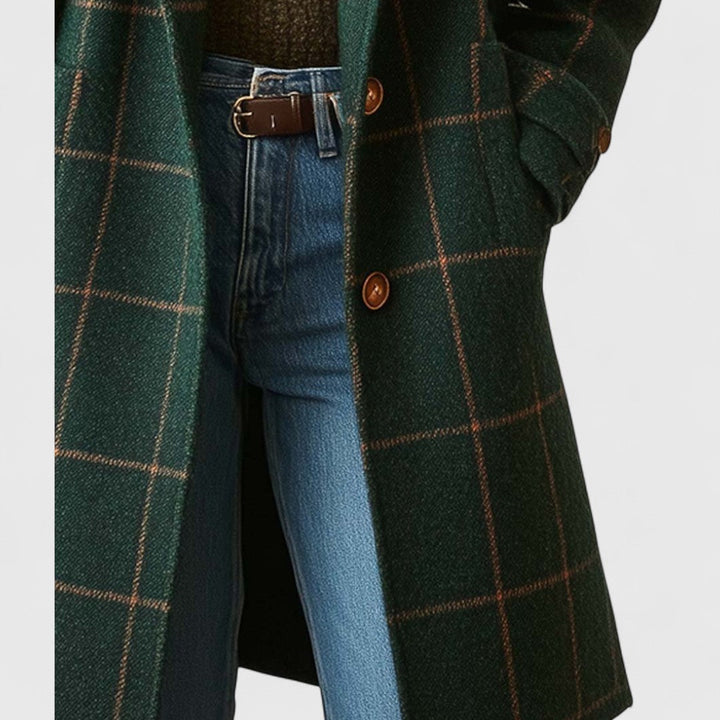 Manteau Long à Tweed Carreaux Élégant Pour Femme