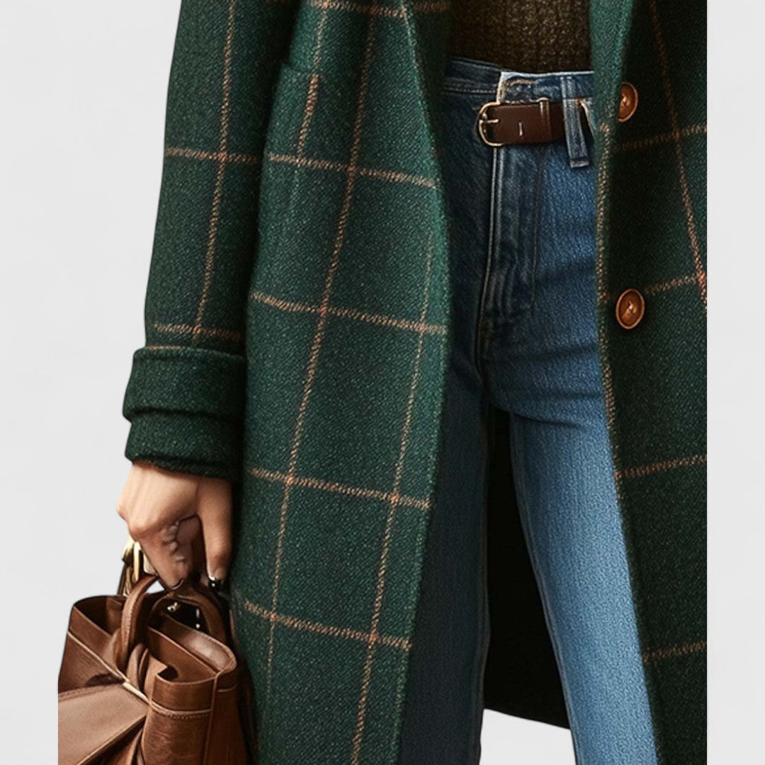 Manteau Long à Tweed Carreaux Élégant Pour Femme