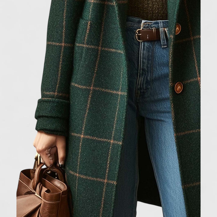 Manteau Long à Tweed Carreaux Élégant Pour Femme