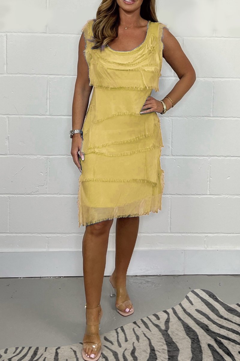 Vestito midi donna con volant sovrapposti senza maniche