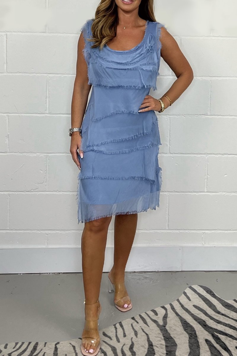 Vestito midi donna con volant sovrapposti senza maniche