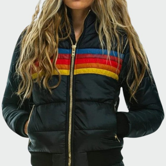 Chaqueta acolchada de mujer a rayas con capucha