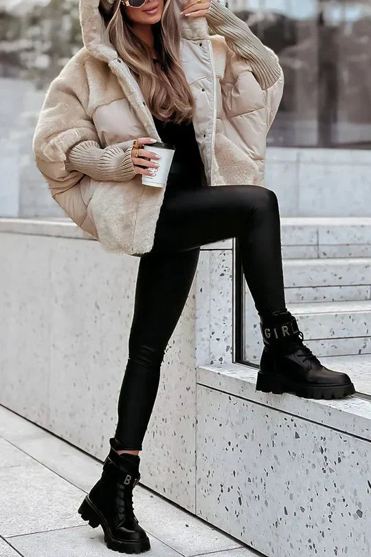 Women's Quilted Jacket with Hood and Faux Fur Lining
