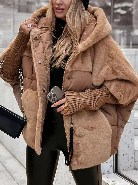 Women's Quilted Jacket with Hood and Faux Fur Lining