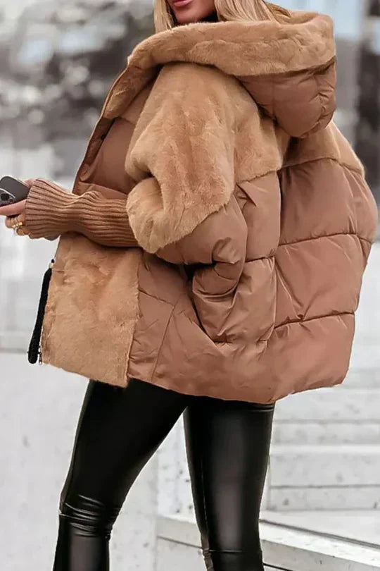 Women's Quilted Jacket with Hood and Faux Fur Lining