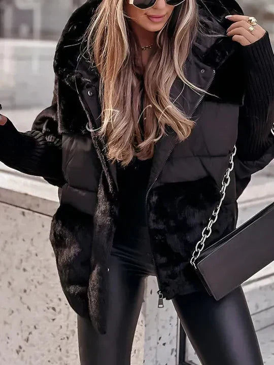 Women's Quilted Jacket with Hood and Faux Fur Lining
