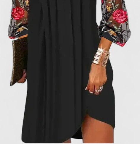 Robe Femme à Col V Fluide avec Manches Transparentes Fleuries