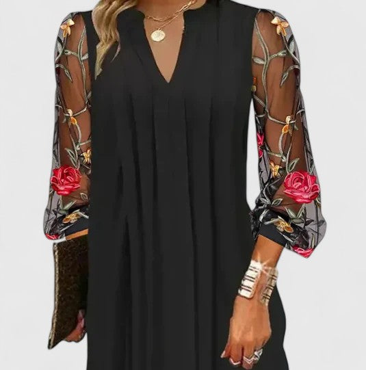 Robe Femme à Col V Fluide avec Manches Transparentes Fleuries