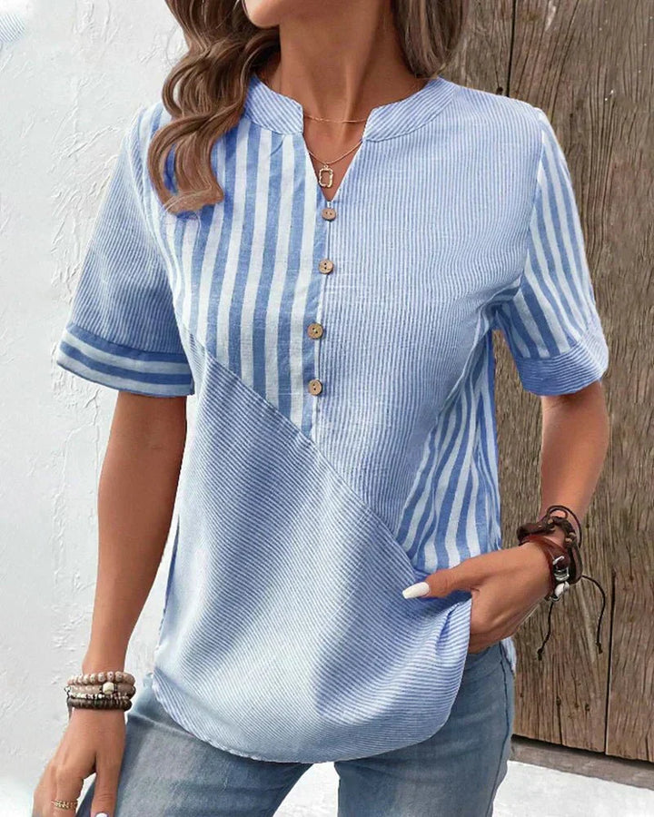 Casual Women's Blouse with Patchwork Striped Collar