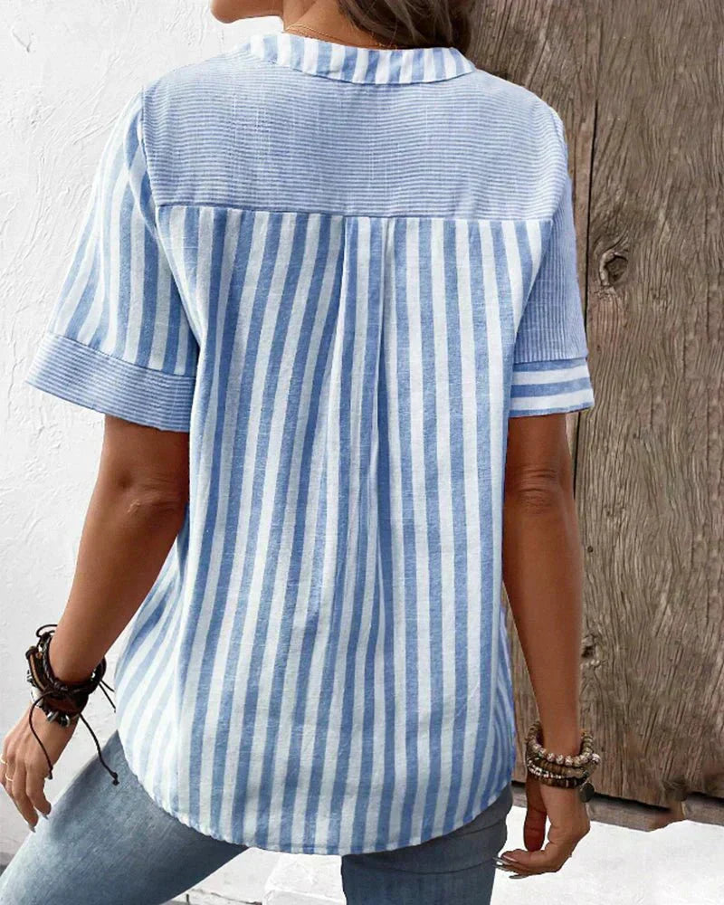 Casual Women's Blouse with Patchwork Striped Collar