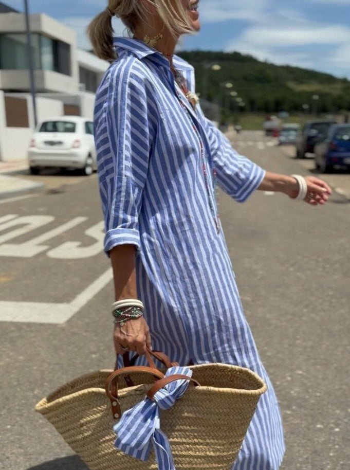 Robe Chemise Longue Femme à Rayures Décontractée