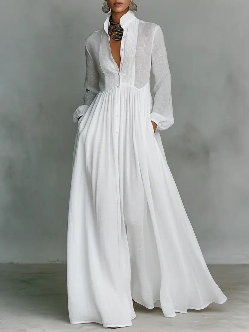 Robe Longue Femme à Col Chemise et Jupe Fluide