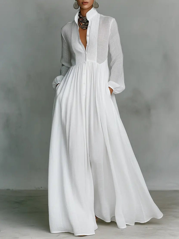 Robe Longue Femme à Col Chemise et Jupe Fluide