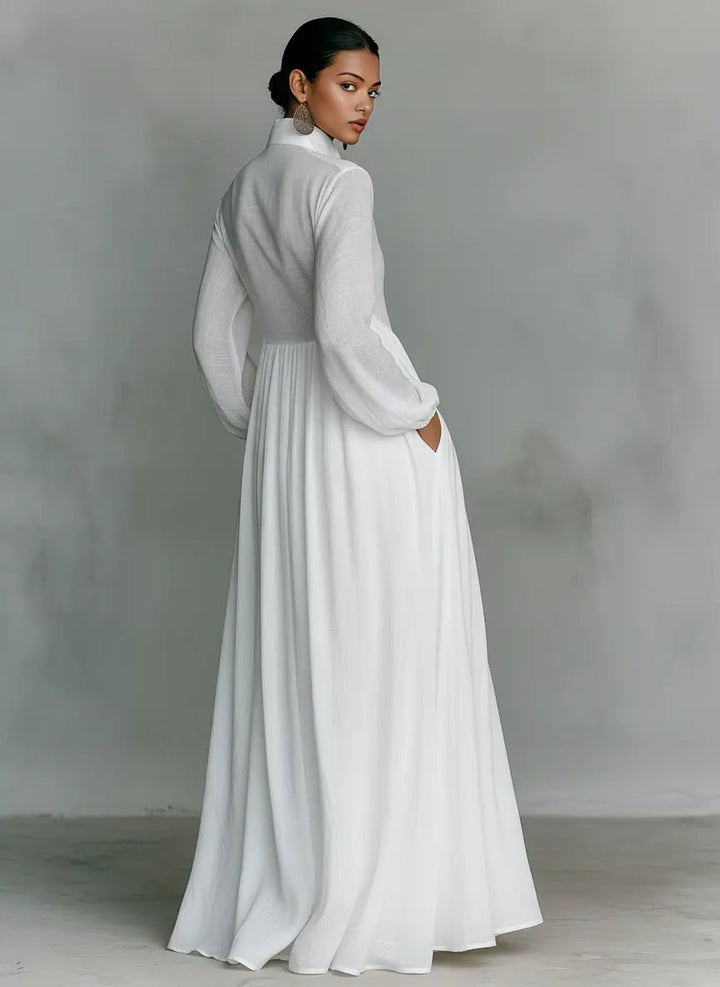 Robe Longue Femme à Col Chemise et Jupe Fluide