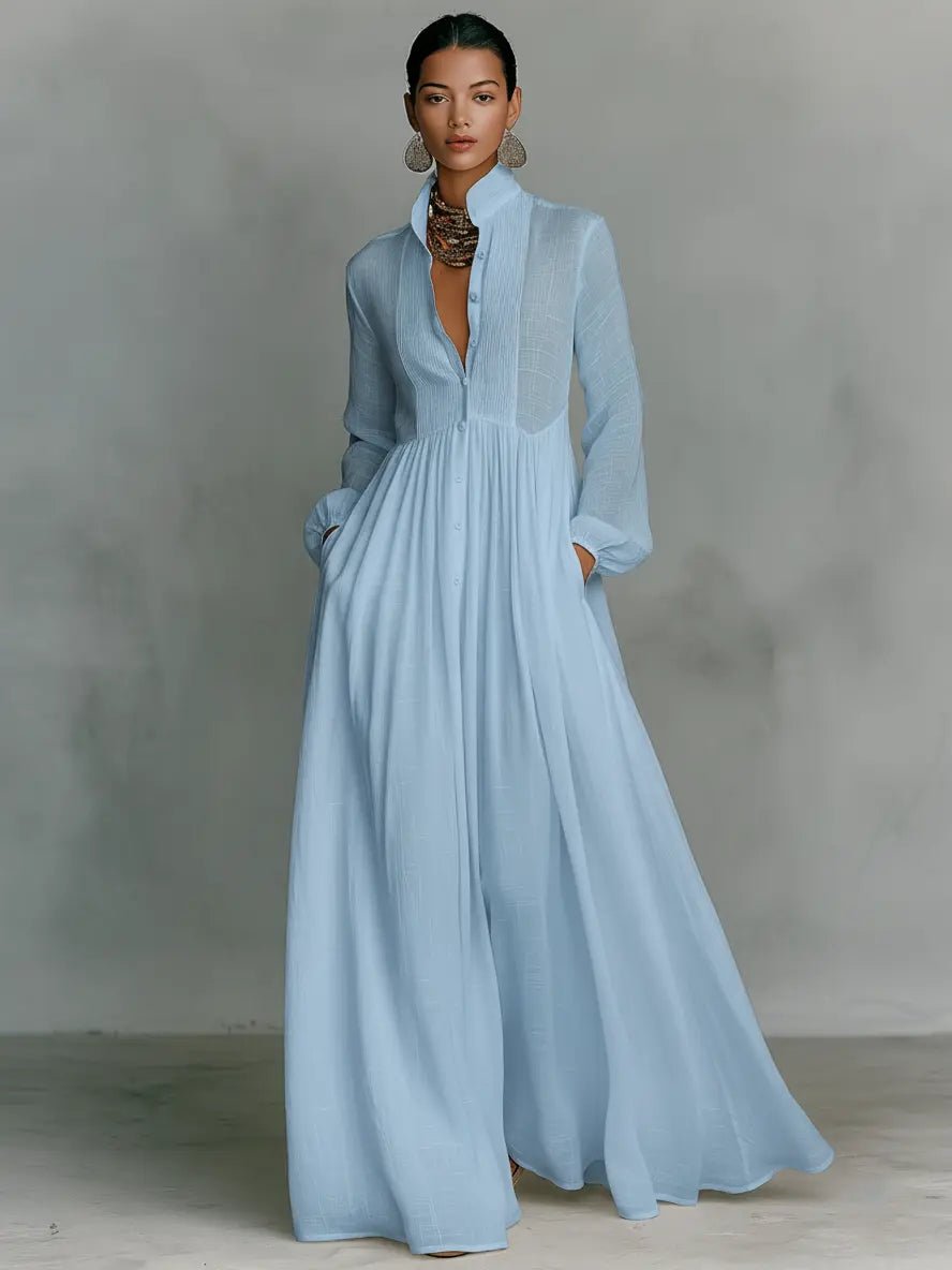 Robe Longue Femme à Col Chemise et Jupe Fluide