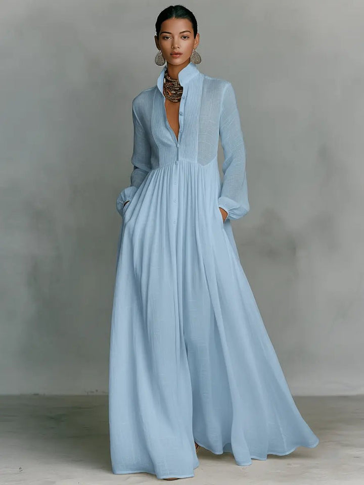 Robe Longue Femme à Col Chemise et Jupe Fluide