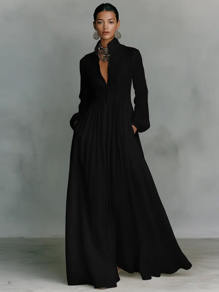 Robe Longue Femme à Col Chemise et Jupe Fluide