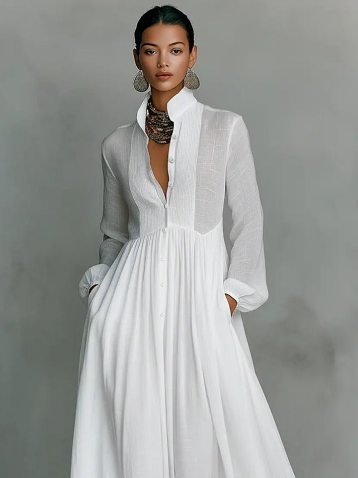 Robe Longue Femme à Col Chemise et Jupe Fluide