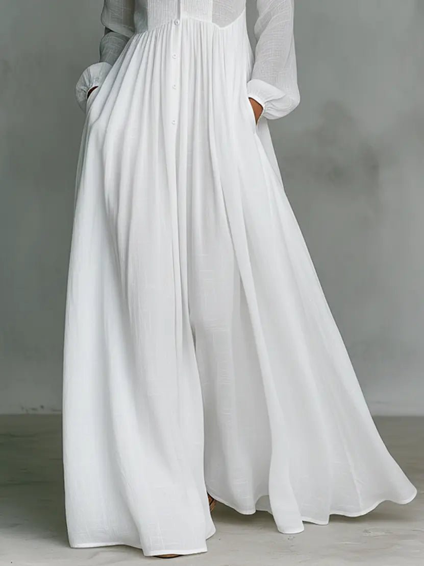 Robe Longue Femme à Col Chemise et Jupe Fluide